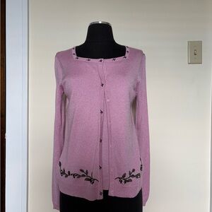 Pink Square Neck Embroidered Women's Sweater Set Vintage